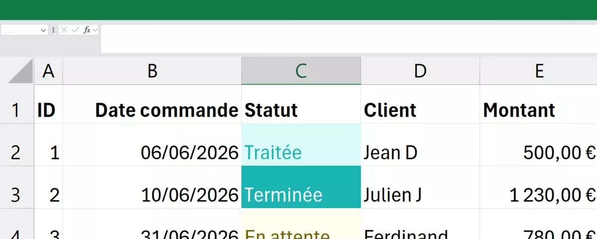 Exemple de tableau Excel de gestion commerciale affichant les données chiffrées des clients et le statut des commandes en cours.