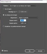 Formation Indesign à distance sur l'objet ancré au-dessus de la ligne avec les options