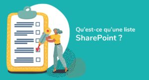 Visuel avec un personnage féminin avec un crayon et une liste - formation SharePoint