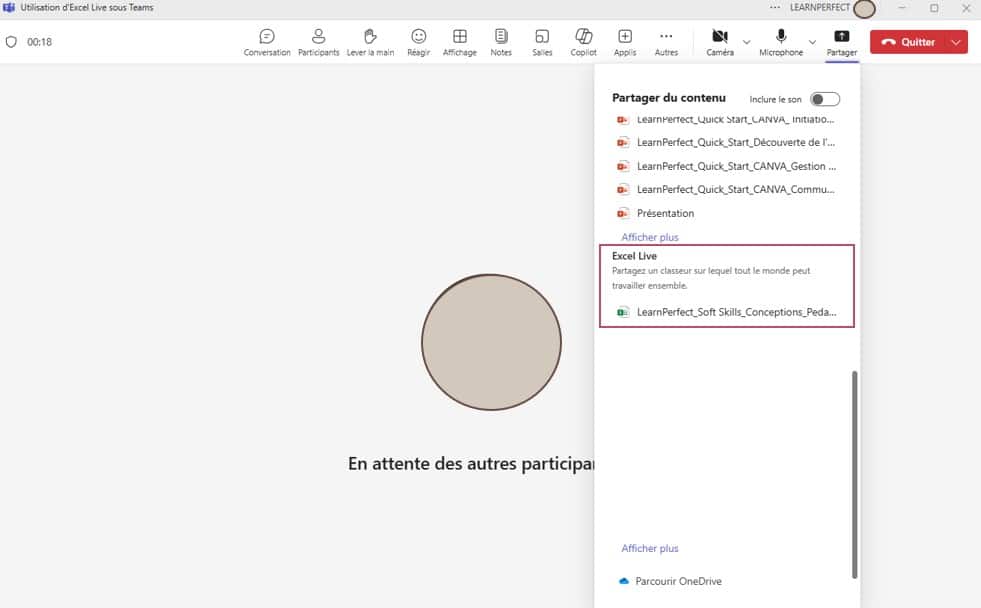 La fonctionnalité Excel Live sous Teams