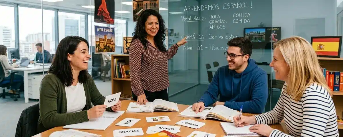 Groupe d'adultes en formation d'espagnol professionnel avec une formatrice dans un environnement de bureau moderne.