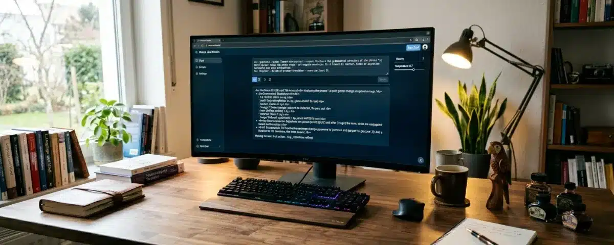 Poste de travail informatique moderne avec un écran affichant des scripts de programmation dans un bureau lumineux.
