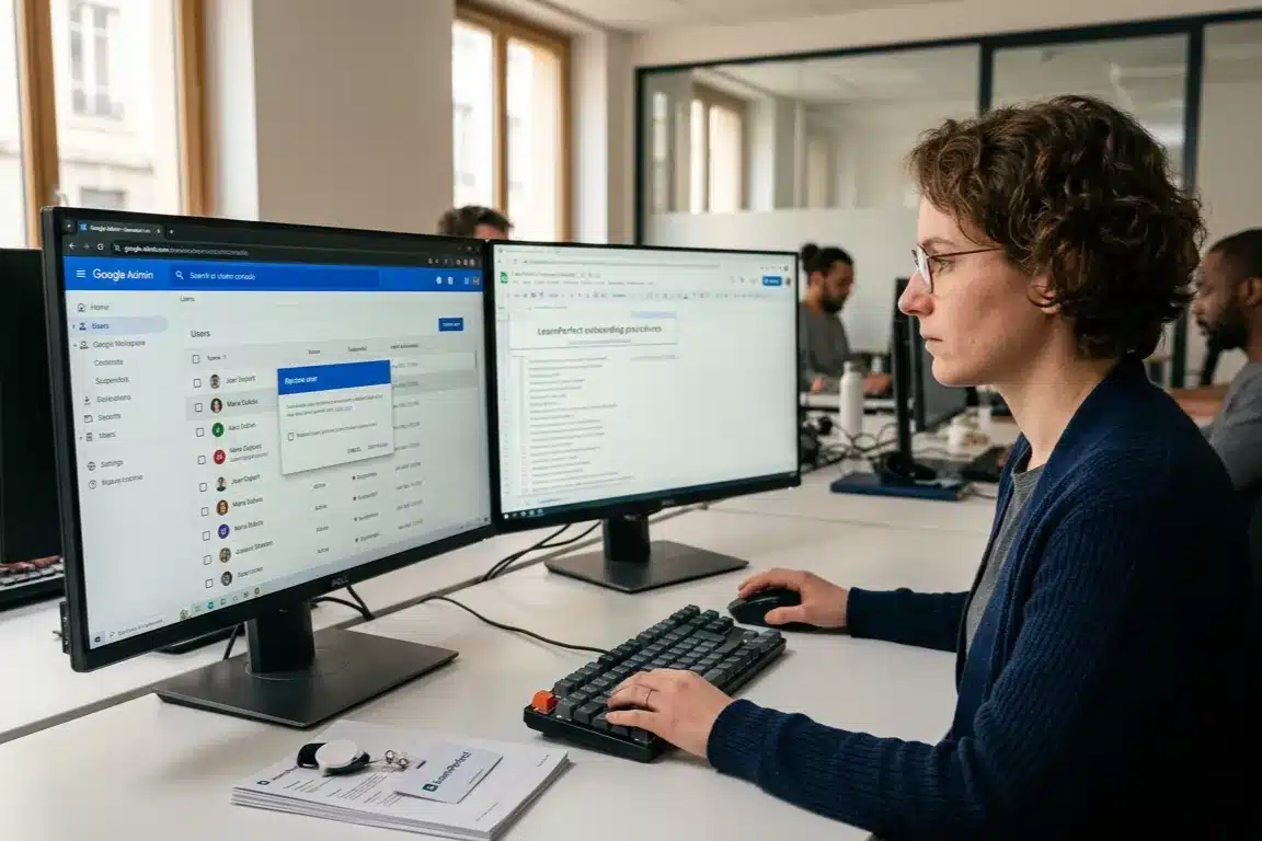 Une administratrice informatique travaille sur deux écrans dans un bureau en open space. L'un des écrans montre la console Google Workspace Admin avec une liste d'utilisateurs. Sur son bureau, on voit un badge d'accès de l'entreprise. L'image illustre la gestion des accès et des comptes.