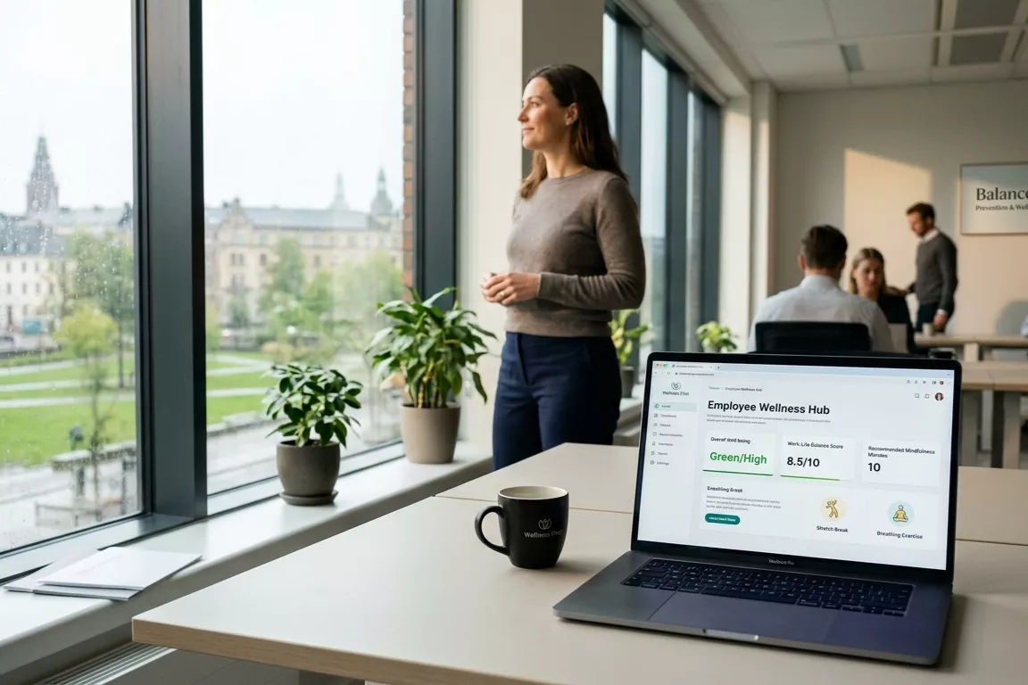 Un ordinateur portable sur un bureau affiche un tableau de bord "Employee Wellness Hub" avec des indicateurs de bien-être, tandis qu'une collaboratrice regarde par la fenêtre dans un bureau moderne et lumineux.
