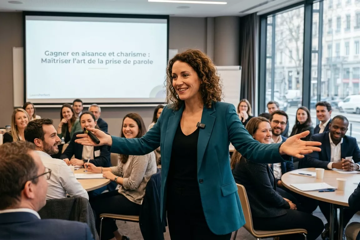 Une formatrice charismatique anime un atelier LearnPerfect devant un public attentif. L'écran de projection affiche : "Gagner en aisance et charisme : Maîtriser l'art de la prise de parole". L'image illustre une formation à la communication orale.