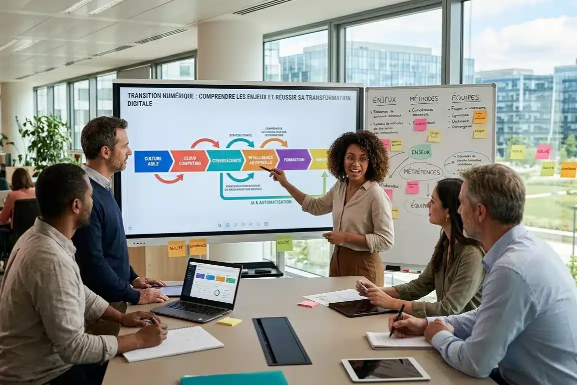 Une équipe de professionnels en réunion autour d'un grand écran interactif dans un bureau moderne. L'écran affiche une feuille de route pour la "Transition Numérique", avec des étapes comme "Culture Agile", "Cloud Computing", "Cybersécurité", "Intelligence Artificielle", "Formation" et "Innovation"