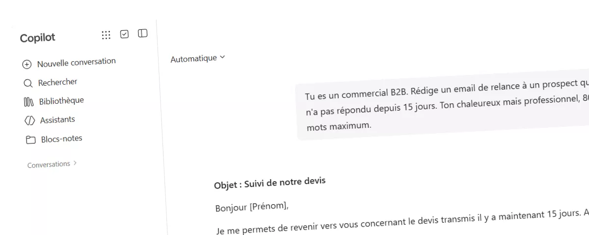 Interface de l'assistant Copilot illustrant l'utilisation de l'IA au travail pour rédiger un email de relance commerciale