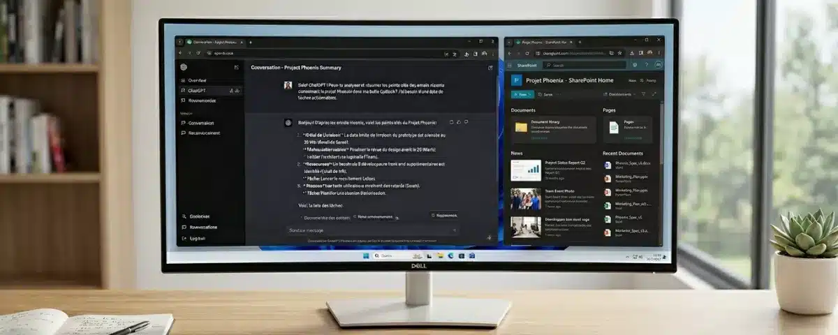 Workspace Windows avec Microsoft Copilot AI et Microsoft SharePoint affichés simultanément sur un moniteur Dell.