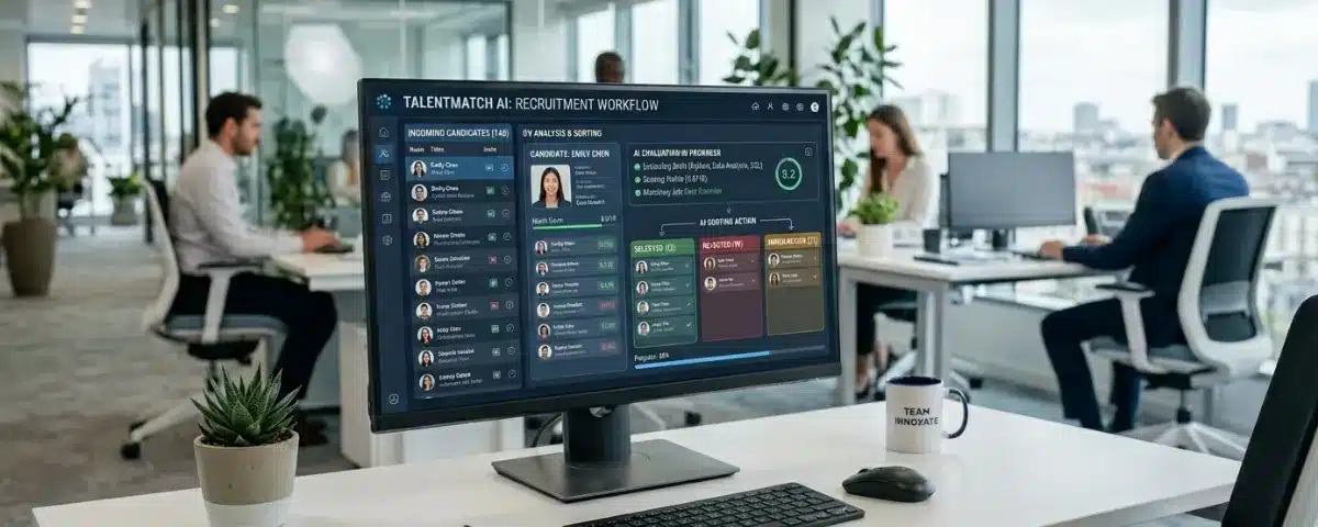 Tableau de bord de recrutement utilisant l'IA pour l'analyse, le tri et le scoring automatique des candidats dans un bureau moderne.