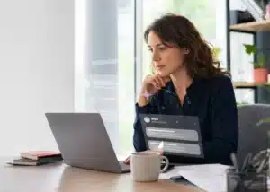 Femme en pleine réflexion devant son ordinateur illustrant les soft skills face à l'intelligence artificielle