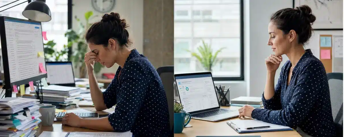 Comparaison avant et après d'une professionnelle passant du stress au travail à une meilleure organisation grâce aux soft skills