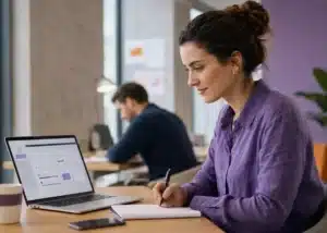 Femme travaillant sur ordinateur et prenant des notes pour se former aux compétences en intelligence artificielle au travail