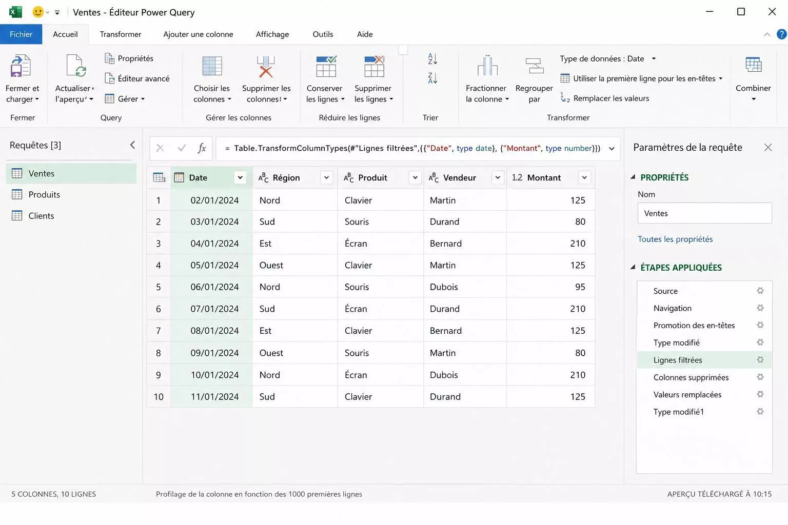 Interface de l'éditeur Power Query sur Excel montrant un tableau de données de ventes et le panneau des étapes appliquées pour une automatisation no-code.