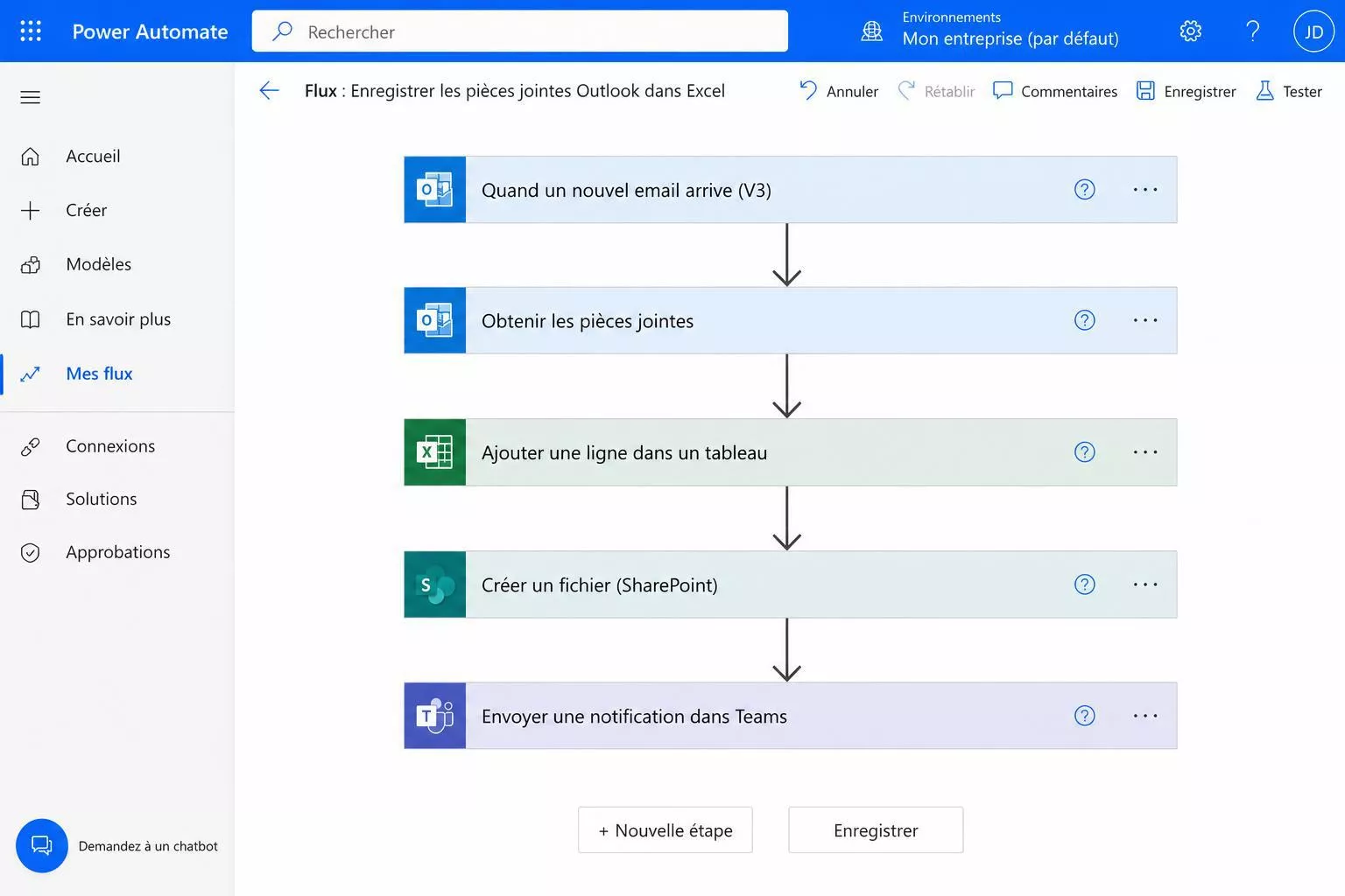 Exemple de workflow sur Microsoft Power Automate pour automatiser le traitement des pièces jointes d'e-mails dans un tableau Excel sans VBA.