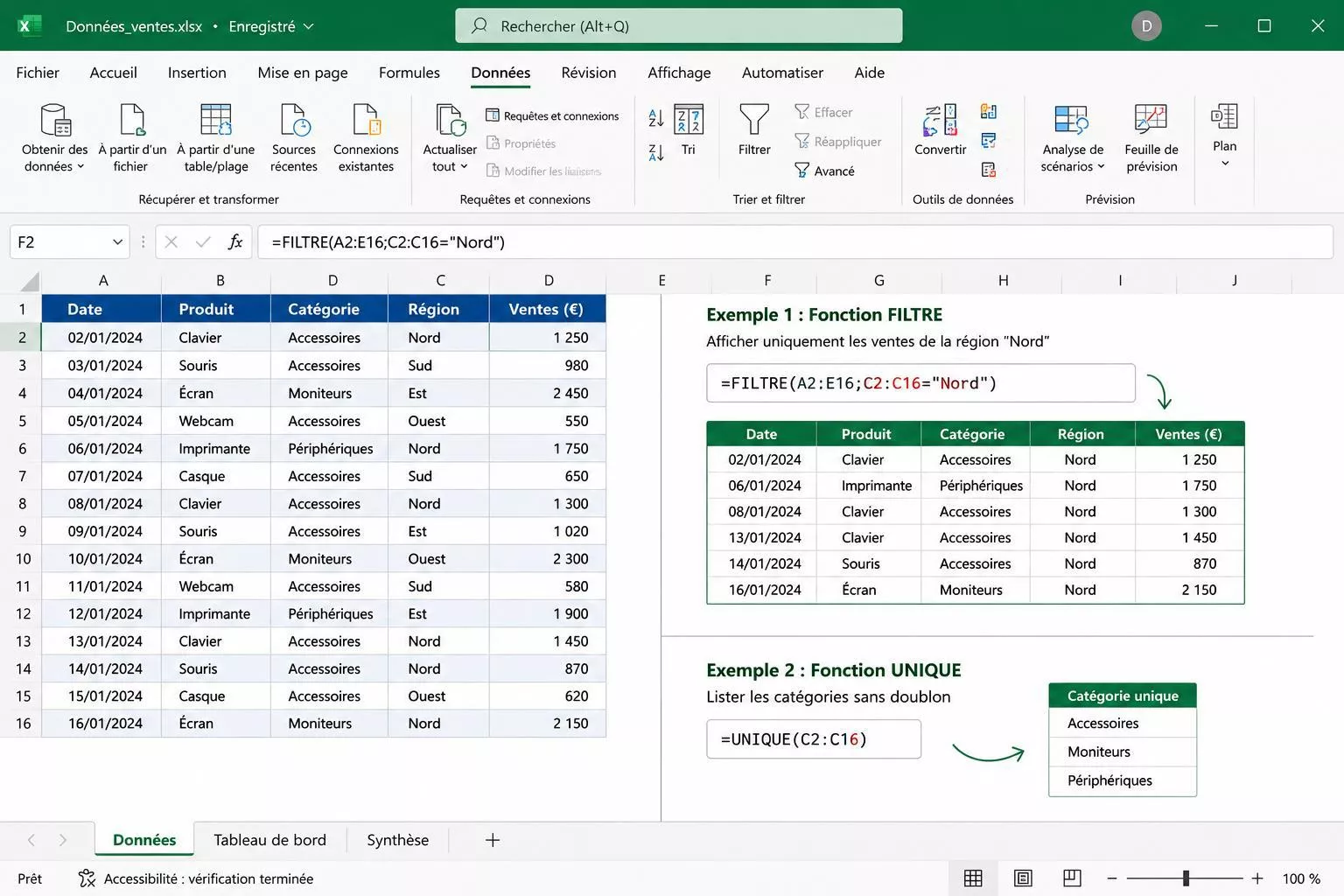 Utilisation des fonctions avancées FILTRE et UNIQUE dans Excel pour automatiser le traitement de données de ventes sans code.