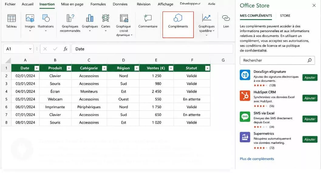 Utilisation de la boutique de compléments Office Store dans Excel pour automatiser des processus commerciaux en mode no-code.