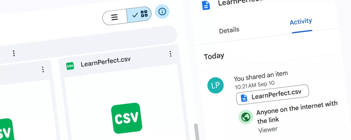 Capture d'écran de l'interface Google Drive illustrant le partage d'un fichier CSV professionnel (LearnPerfect.csv) et le panneau d'activité pour le suivi des permissions en entreprise.