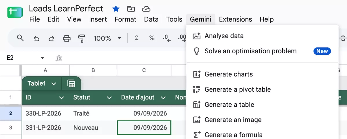 Utilisation de l'extension Gemini dans Google Sheets pour générer des tableaux de prospection d'entreprise et des formules sans code complexe.