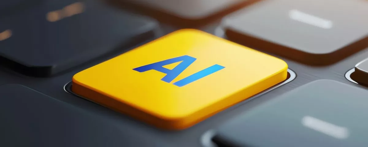Gros plan sur une touche de clavier jaune vif affichant le sigle « AI » en bleu, symbolisant l'intégration de l'intelligence artificielle dans les outils professionnels et les processus d'entreprise.