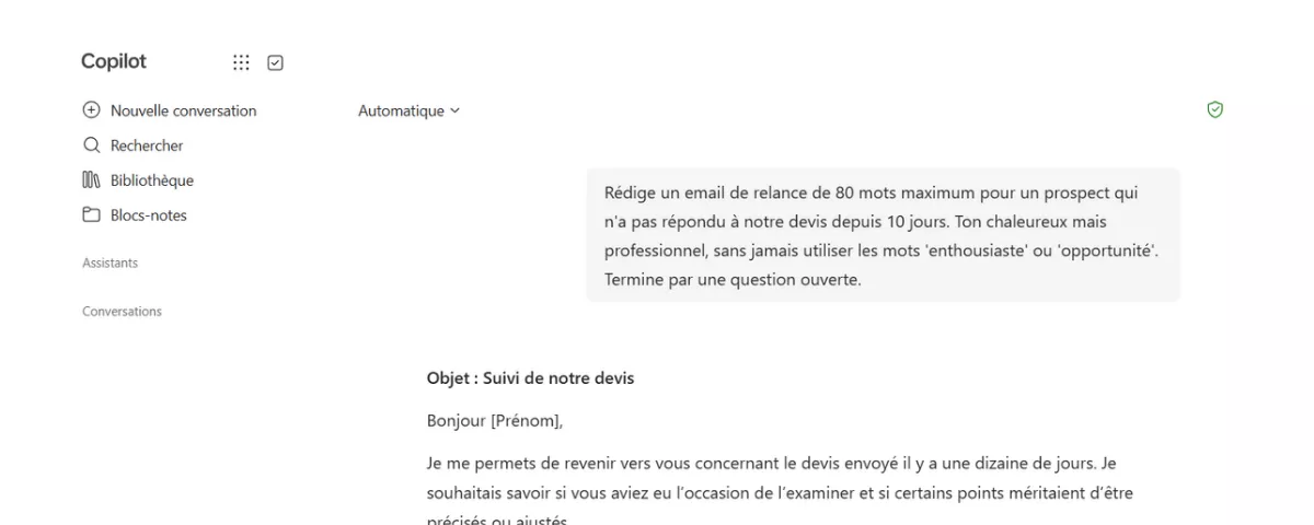 Une capture d'écran de l'interface Microsoft Copilot illustrant un exemple pratique de prompt engineering.